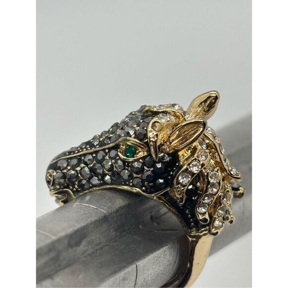 Vtg OPC CN wrap horse ring black stones Sz 8.5 gold 3D equestrian - Picture 1 of 10